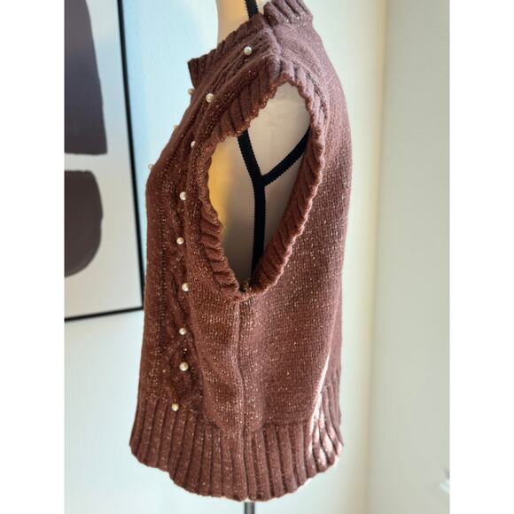 OntWelfth Metallic Knit Sleeveless Sweater Vest with Pearls – Brown Shimmer, XL - Picture 5 of 15